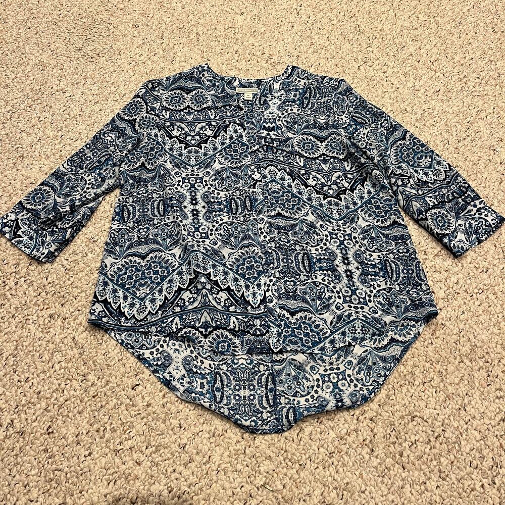 Dana Buchman Floral Paisley Blouse 3/4 Sleeve M Feminine Career Office Blue